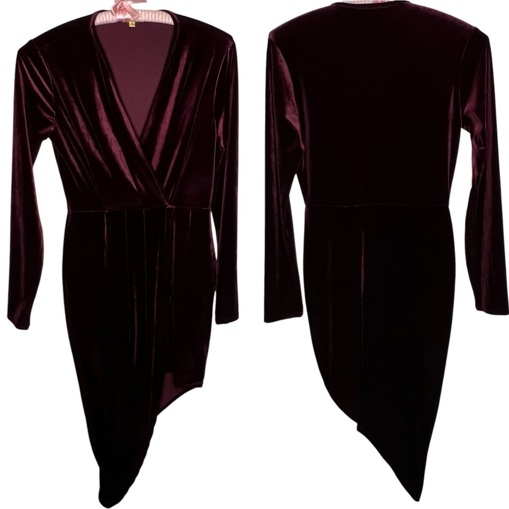 Shinestar Gold Velvet Long Sleeve V Neck Faux Wrap Dress Plum Hi Low Hem Size M